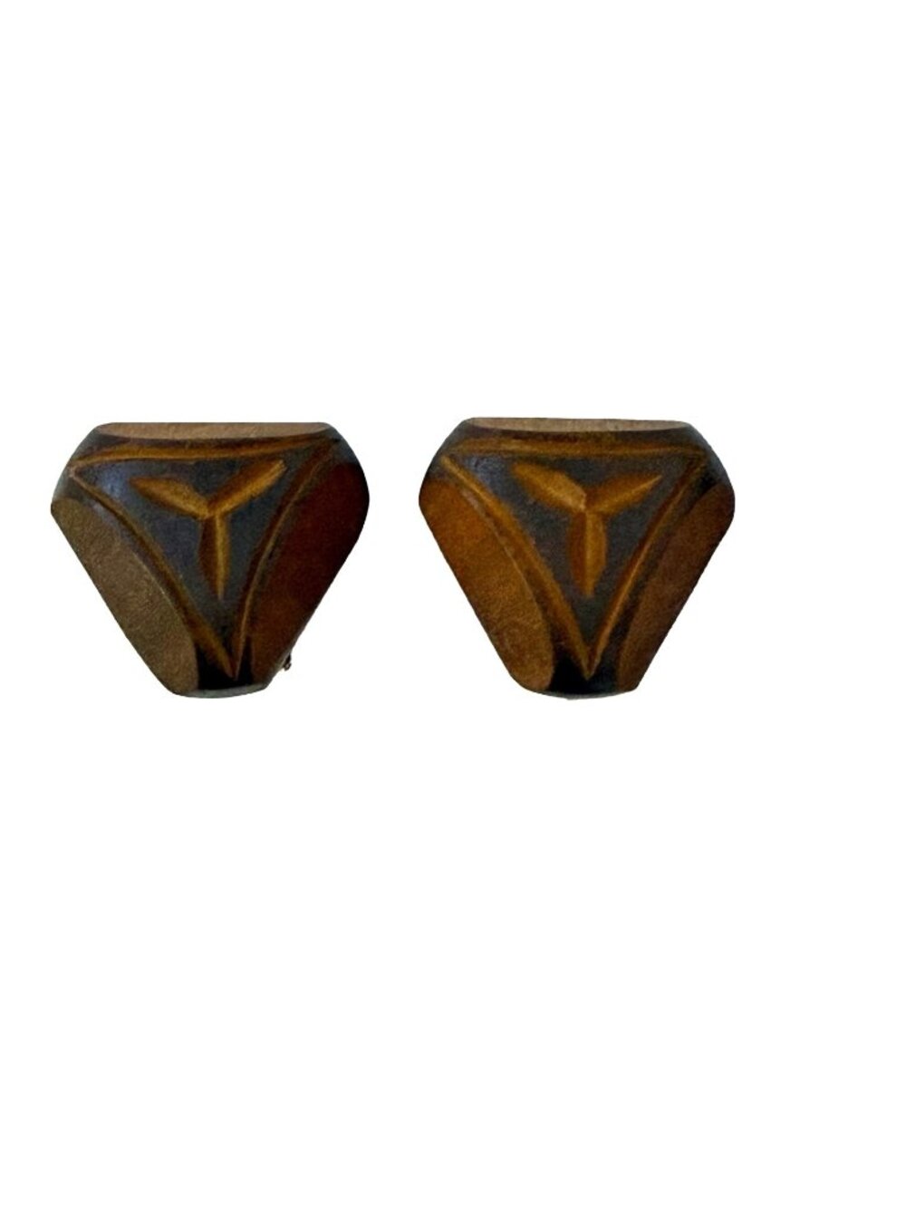 Vintage Carved Wood Clip On Earrings Geometric Tribal Boho Mid Century Style